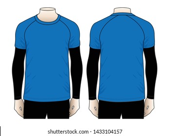 Blank Blue Raglan T-shirt And Black UV Protection Arm Sleeves Vector.Front And Back Views.