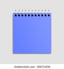 Blank blue realistic spiral notepad notebook isolated on light gray background. Vector illustration, EPS 10.