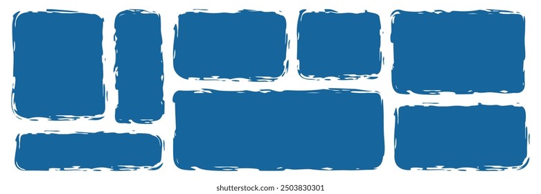 Conjunto de cuadro de texto cuadrado rectángulo azul en blanco. Doodle texturizado pincel pintura cita marco de póster. Elemento de burbuja de voz. Cuadro de texto de Plantilla para resaltar. Ilustración vectorial