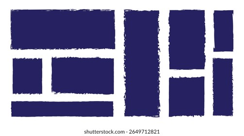 Conjunto de caixas de texto quadradas de retângulo azul em branco. Pintar o vetor de traçado do pincel para tinta, elemento de design grunge, faixa de sujeira, projeto de aquarela, textura suja. Ilustração vetorial. Vetor plano isolado