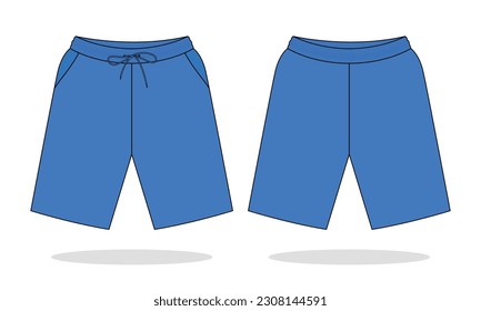 Blank Blue Running Shorts Pants Template On White Background.Front And Back View, Vector File.