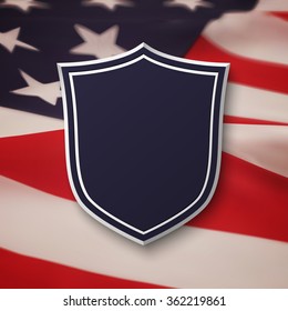 Blank, blue shield on top of American flag. Simple, empty banner. Vector illustration.