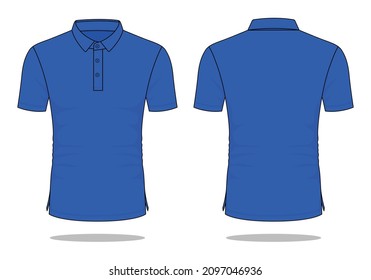 Camisa de polo de manga corta azul en blanco con un vector de plantilla de cuello de camisa sobre fondo blanco. Vista frontal y posterior.