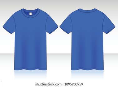 Blank Blue Short Sleeve T-Shirt Template on White Background. Front and Back Views, Vector File.