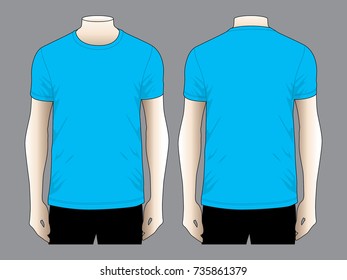 Blank Blue Short Sleeve T-Shirt Template on Gray Background. Front and Back Views, Vector File.