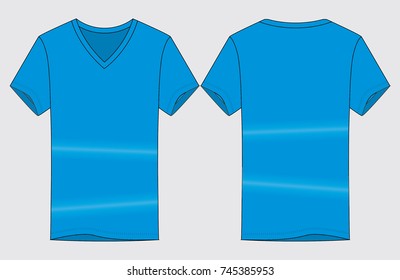 Blank Blue Short Sleeve V-Neck Shirt Vector For Template.Front and Back View.