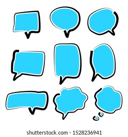 blank blue speech bubbles hand drawn set with black frame isolated isolated on white background. vector illustration