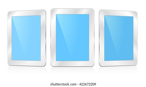 Blank blue tablet in three orientations facing to each side and frontal, vector illustration