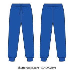 Blank Blue Tracksuit Pants Template on White Background. Front and Back Views, Vector File.