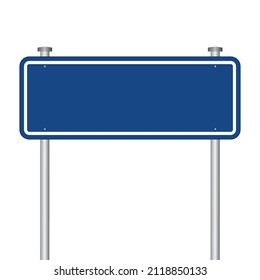 Blank blue traffic sign. Empty road sign isolated on white background. Warning, caution symbol. Horizontal banner. Vector illustration of board with copy space.
