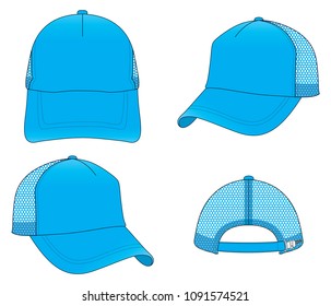 Blank blue trucker cap with mesh at side and back, adjustable slider plastic buckle zip template on white background. vector file