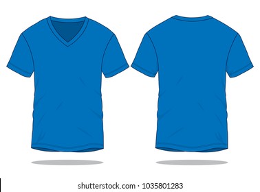 Blank Blue V-Neck T-Shirt Template on White Background.Front And Back View, Vector File