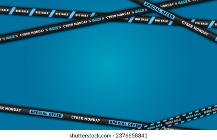 Blank blue wallpaper with crossed sale ribbons for Cyber Monday. Banner with discount stripes frame and empty space for text. Marketing, online shopping card