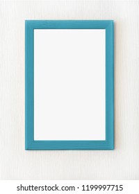 Blank blue wooden vertical frame for picture hanging on white wall. Mock up design. Copy space. Realistic vector illustration