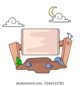 blank board banner template made of wood, cartoon emoticon. doodle icon drawing, vector illustration