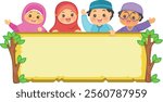 Blank board with four muslim kids