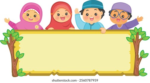 Blank board with four muslim kids