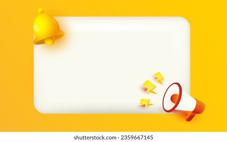 blank board with handbell reminder and megaphone icon announcement design mockup. Notifications page with yellow bell sign 3d vector Illustration for business planning events timetable development 