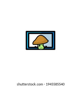 With Blank Board Mushrom Cartoon Character Vector Illustration Design. Outline, Cute, Funny Style. Recomended For Children Book, Cover Book, And Other.