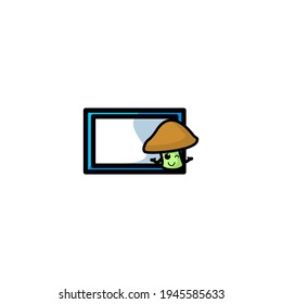 With Blank Board Mushrom Cartoon Character Vector Illustration Design. Outline, Cute, Funny Style. Recomended For Children Book, Cover Book, And Other.