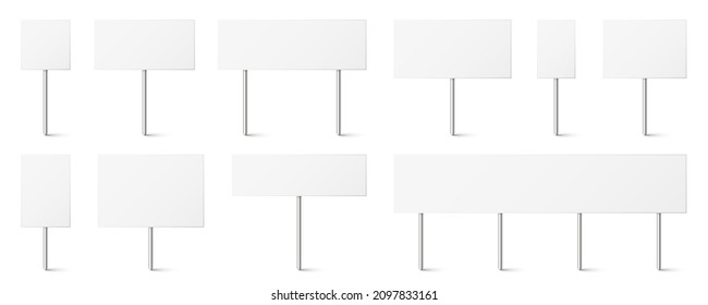 Blank board with place for text, protest signs set isolated on white background. Realistic demonstration or advertising banner. Strike action cardboard placard mockup. Vector illustration.