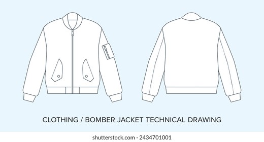 Blank Bomber Jacket Technical Drawing, Apparel Blueprint for Fashion Designers. Detailed Editable Vector Illustration, Black and White Clothing Schematics, Isolated Background. 