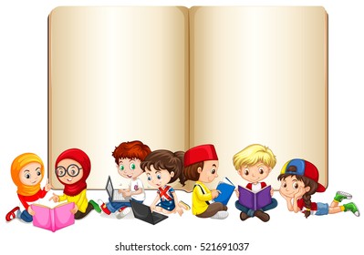 Libro en blanco con niños trabajando e ilustrando la lectura