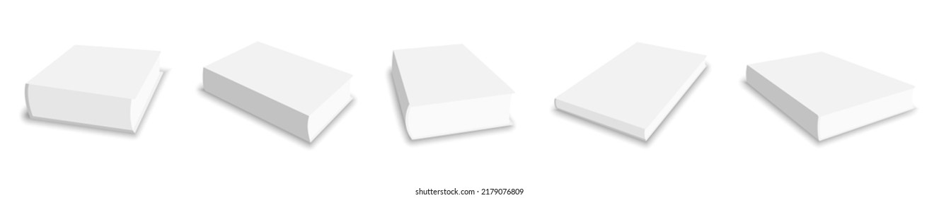 Blank book cover mockup template white flat set. Closed booklet 3d layout gray paper front textbook magazine shadow simple sample advertising education literature business publication isolated white