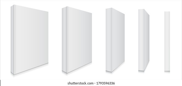 Blank Book Cover Mockup Vector Illustration Set With Different Perpective Views. Easy Editable Templates Isolated On White Background.