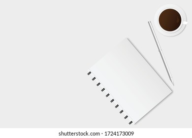 Blank book cover and pen vector illustration on white background.