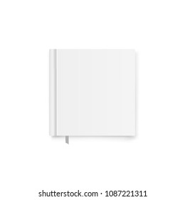 Blank book cover, square hardcover album template with bookmark isolated on white background. Front view of Closed vertical book, magazine or notebook mockup. Graphic concept for your design.