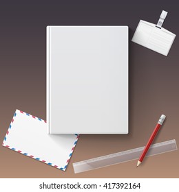 Blank book cover with stationery, vector illustration gradient mesh. Isolated objects template for design and branding. Mock-up of book with envelope, badge, pencil and ruler