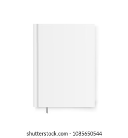 Blank book cover template with bookmark, soft shadows isolated on white background. Front view of Closed vertical book, magazine or notebook mockup. Graphic concept for your design. Vector.