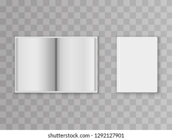 Blank book cover template on white background with soft shadows. Vector illustration.Realistic book. Blank brochure cover mockup, white paperback surface, empty textbook. Vector illustration