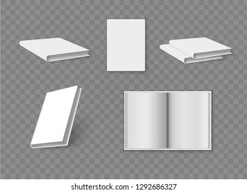 Blank book cover template on white background with soft shadows. Vector illustration.Realistic book. Blank brochure cover mockup, white paperback surface, empty textbook. Vector illustration