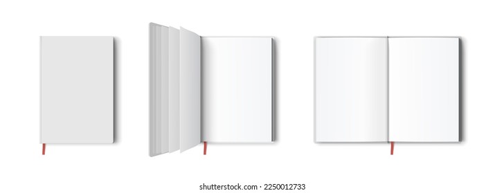 Blank book or notepad mockup. Notebook and bookmark template in different views isolated on white background, transparent shadows. Realistic blank booklet cover, brochure surface 3d vector set.