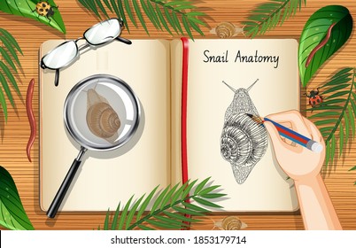 Blank book page on office work table top view with leaves and snail element illustration