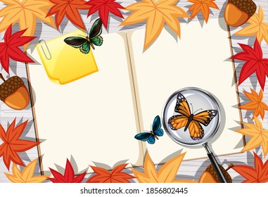 Blank book page on office work table top view with leaves and insects element illustration