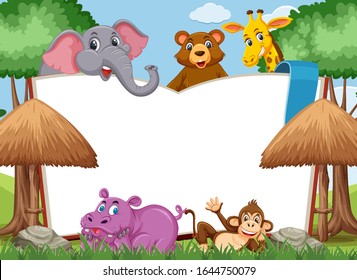 Blank book template with wild animals in the park illustration