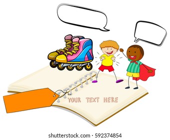 Blank book with two boys and rollerskates illustration