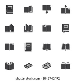 Blank book vector icons set, modern solid symbol collection, filled style pictogram pack. Signs, logo illustration. Set includes icons as open book page with bookmark, textbook, notebook