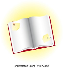 blank book with yellow papers and clips. vector illustration