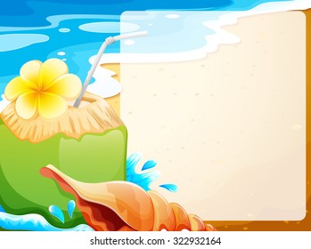 Blank border with coconut juice on beach background illustration