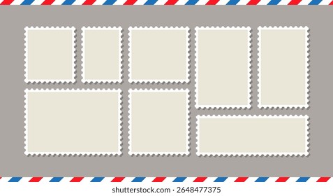 Blank borders of post stamps. Collection postmarks for mail letter. Set of of postage frames. Empty postal stamp. Rectangular perforated labels isolated on gray background. Vector illustration.