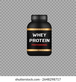 Blank bottle design. Realistic tub with cap in black plastic for protein or vitamin packaging. Isolated 3d container for mockup, medicine, cosmetic product, pills, shake powder or nutrition branding.
