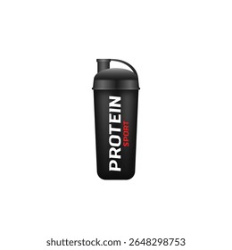 Blank bottle design. Realistic tub with cap in black plastic for protein or vitamin packaging. Isolated 3d container for mockup, medicine, cosmetic product, pills, shake powder or nutrition branding.
