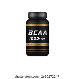 Blank bottle design. Realistic tub with cap in black plastic for protein or vitamin packaging. Isolated 3d container for mockup, medicine, cosmetic product, pills, shake powder or nutrition branding.
