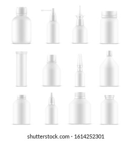 Blank bottles or empty cosmetic product containers. Set of isolated mockup for perfume spray and dispenser, lotion and shampoo, gel and cream jar. Realistic package for advertising. Skincare, beauty