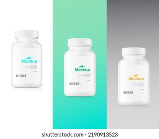 Blank bottles mockup white label on different background. Can be used for medical, cosmetic, food. Vector illustration. EPS10.