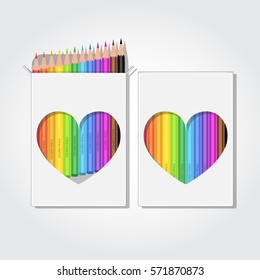 Blank box of 12 colored pencils with clipped heart shape. Realistic vector illustration.